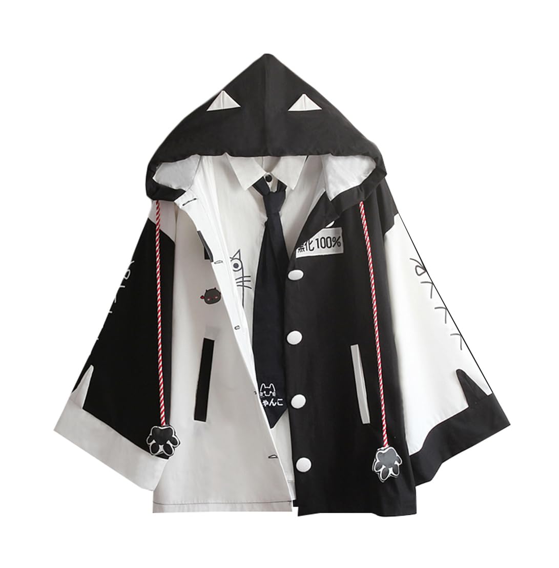 WANSHIX Women's Hooded Jacket, Spring and Autumn Cloak Zip-up Outerwear, Harajuku School, High School Students, Poncho, Windproof, Casual, Cape Cover, Mine Type Hoodie, Cat Picture, Jumper MoE - XL - B Devil