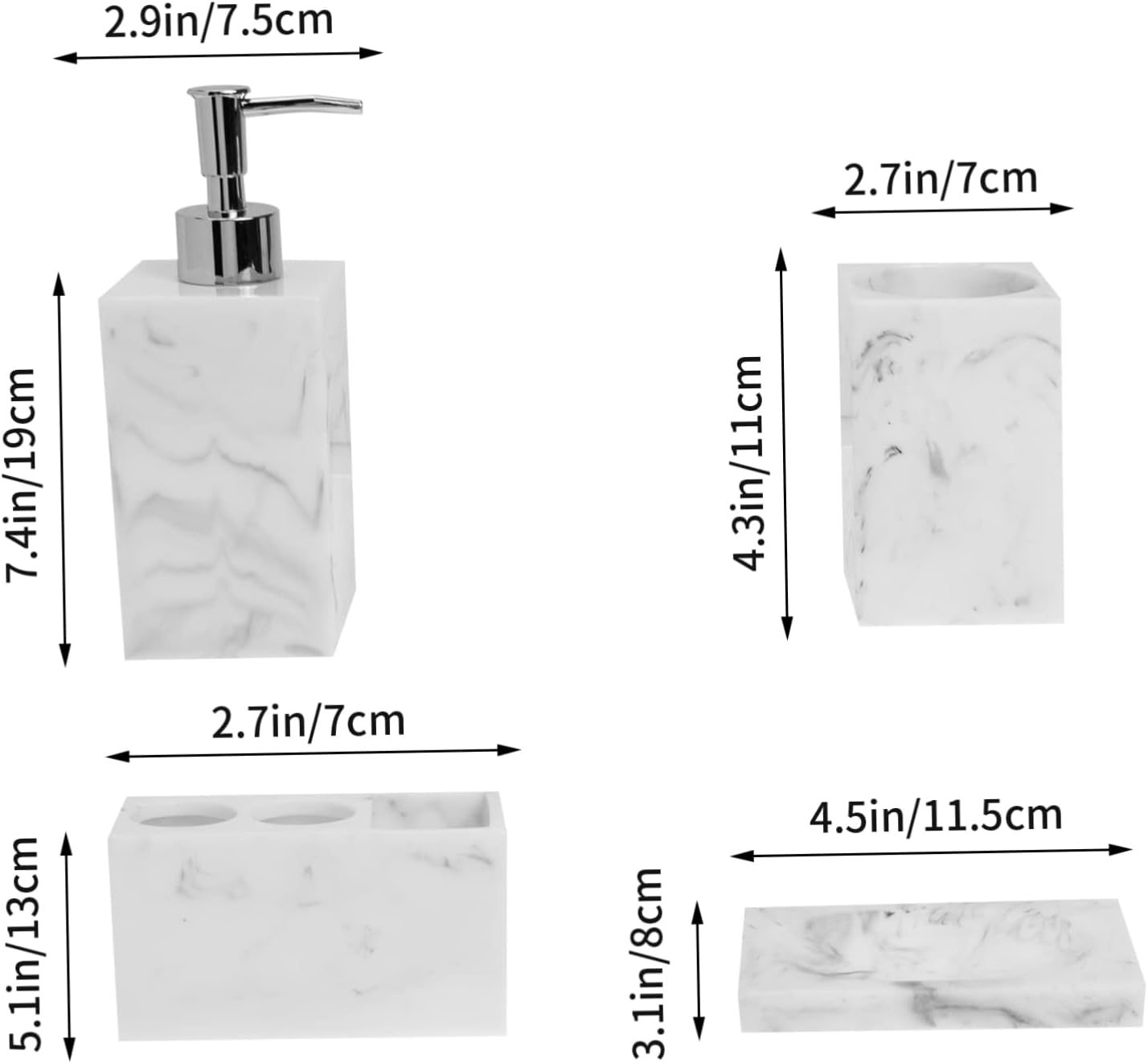 Nordic 5-Piece Bathroom Accessory Set Creative Resin Toiletry Supplies Marble Lotion Dispenser Toothbrush Holder and Storage Container for Home Vanity
