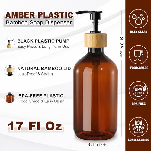 Image of KASUNTING Amber Soap Dispenser Plastic, Brown Dish Soap Dispenser with Bamboo Pump for Kitchen,17 Fl Oz Hand and Dish Dispenser Set for Bathroom, Farmhouse Liquid Soap and Lotion Dispensers Bottle