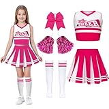 Luckyou Cheerleader Kinder Kostüm Mädchen Cheerleader mit Pompom Socken Karneval Kostüm Kinder für Halloween Sportfest-Pink-120