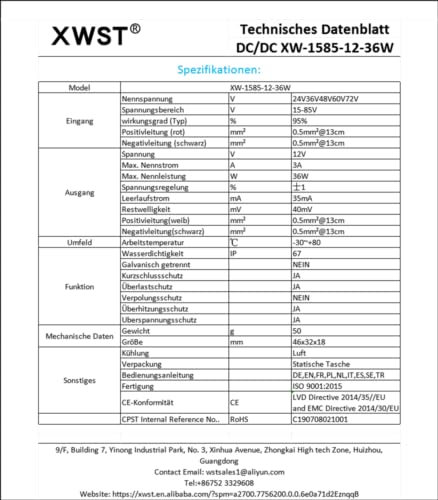 XWST Netzteil Spannungswandler 15V-85V 24V 36V 48V 60V 72V 80V 85V auf 12v 3A 36W Abwärtswandler Regler Wechselrichter Adapter Konverter (DC15-85V Breit Eingang)