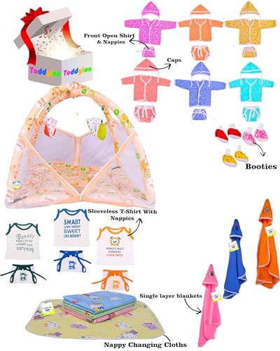 Image of Toddylon Flat Bed 39 in 1 New Born Baby Products All Baby Bedding Set | Baby Clothes | Gift Packs | Hospital Kit | Essentials Items | Infants Combo (0-6 Months)