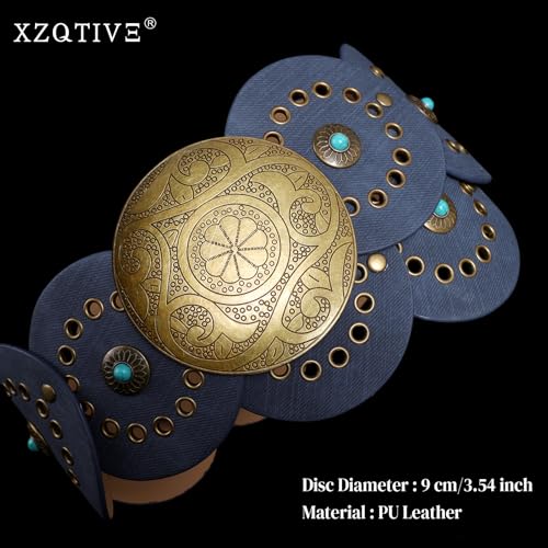 Image of XZQTIVE Western PU Leather Belts for Woman Concho Cowgirl Cowboy Disc Belt for Ladies Wide Boho Country Waist Belts for Dress