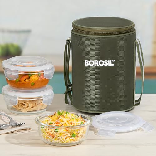 Image of Borosil Eateasy Borosilicate Glass Lunchbox with Bag | 3 pc Round Container Set (400 ml Each) | Microwave & Dishwasher Safe, Leakproof | Tiffin for Office, School, College | Transparent
