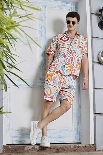 Image of Zilcon Men's Cord Set Short Sleeve Summer Winter Holiday Printed Shirt & Shorts Set 2 Pockets Oversize Two Piece Casual Daily Men co ord Set
