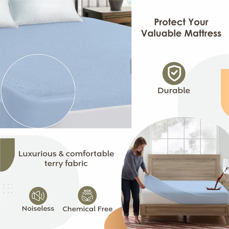 Image of Ayka 100% Waterproof Cotton Terry Mattress Protector Queen Size Breathable Hypoallergenic Noiseless Ultra Soft Fitted Bed Protector 75x60 inch Mattress /Bed Cover (Queen 75*60 inch | 6.25x5 ft, Sky Blue)