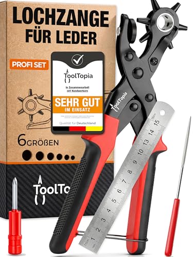 Lochzange für Leder [KOMPLETTSET] Locheisen | Lochstanzer als Leder Werkzeug Papier Gürtel Locher oder Lochstanze für Stoff Biothane Kunstleder etc. Hole Puncher mit Komforthebel