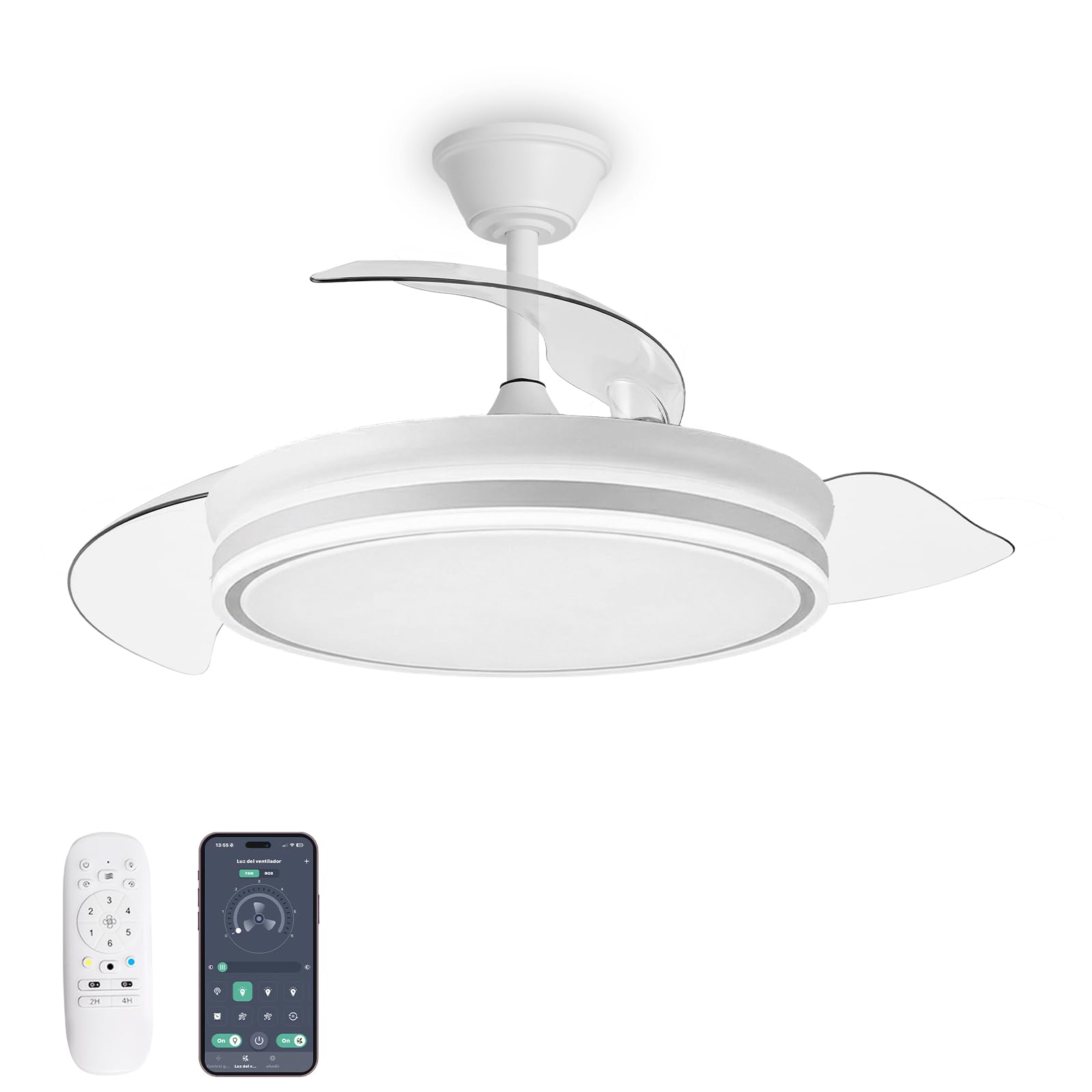 Ventilador de Techo con Luz LED Regulable, Mando + App, Motor DC Control a distancia, Aspas retráctiles, Modo verano invierno, Blanco