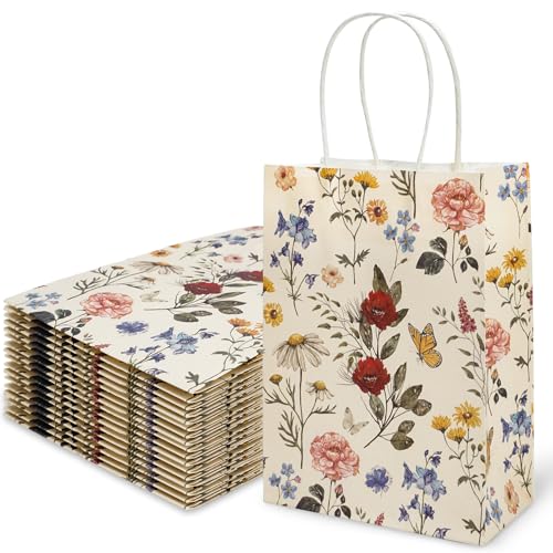 24Pcs Vintage Wildfloral Paper Gift Bags Wildflower Print Treat Bags with Handles Grocery Shopping Bag Candy Goodie Bag for Fall Baby Shower Wedding Party Supplies