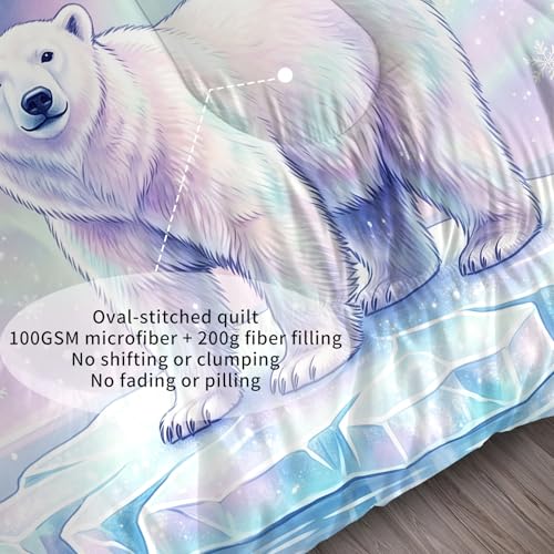 Image of Polar Bear Comforter Set King Size, Wild Animal Bedding Set for Kid Teen Boy Girl Adult, Northern Lights and Snowflake Print, Bedroom Decor 1 Comforter 2 Pillowcases