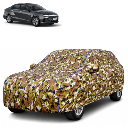 Image of Waterproof Car Body Cover for Hyundai Fluidic Verna 4S with Mirror Pocket| Cotton Inner Lining | Triple Stitched | All Weather Protection | Dust, UV & Rain Proof (Camouflage with Blue Piping)