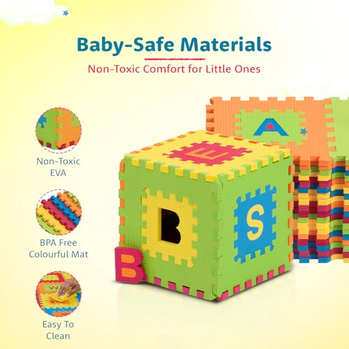 Image of Amazon Brand - Supples Pop Out Interlocking Playmat | Baby Puzzle Mat | Alphabets & Numbers Floor Mat | Multicolour |EVA Foam | Safe & Soft