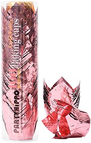 Party Hippo Gold Tulip Cupcake Liners Baking Paper Cups Holders Greaseproof Muffin Cases Wrappers for Wedding Birthday Party Baby Shower (Rose Gold)