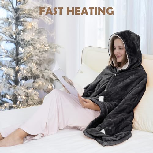 Cobertor aquecido vestível, poncho elétrico aquecido e capuz com bolsos, 7 níveis de aquecimento e c