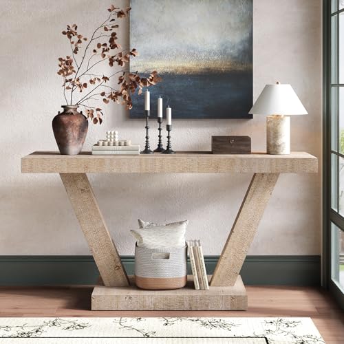 60-Inch Farmhouse Long Console Table, Rustic Sofa Table with V