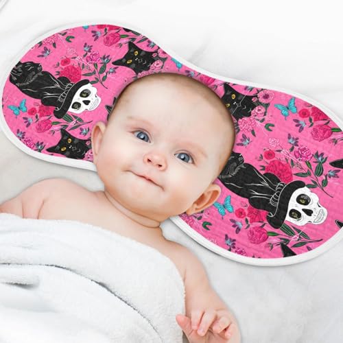 J JOYSAY Skull Cat Flowers Pink Baby Burp Cloths for Boys Girls Large 22''x11'' Cotton 4 Layer Baby Bibs for Girl Spit Up one sizex14