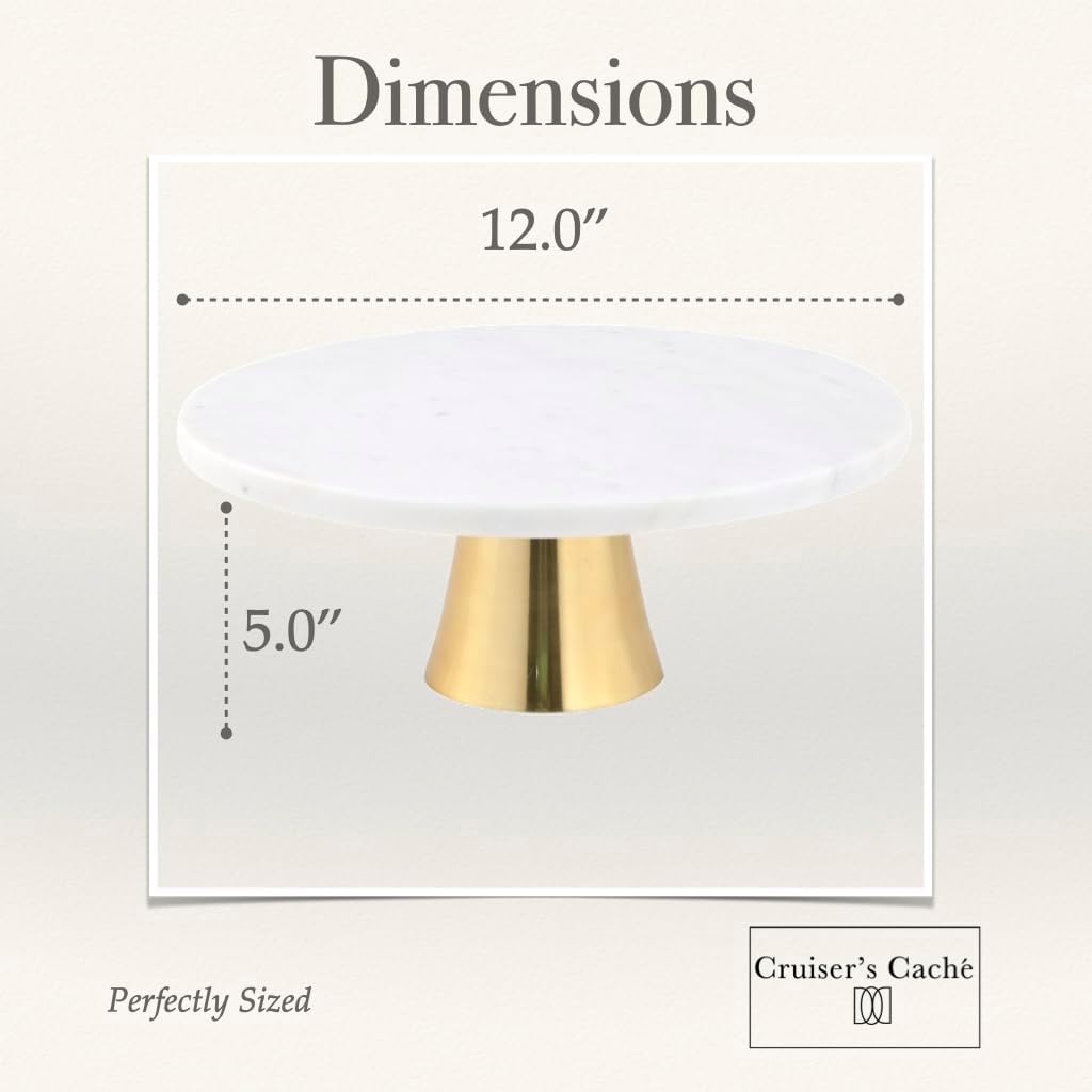 Cruiser’s Caché 12-Inch Marble Cake Stand | Natural White Marble with Gold Base | Round Dessert Stand, Cupcake Stand for Birthday Parties, Weddings, Baby Showers | White and Gold