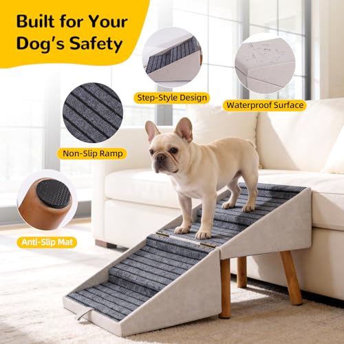 Image of Dog Stairs for Small Dogs, 2-in-1 Foldable Pet Ramp and Ottoman, 17.13 inch H | Non-slip carpeted steps, solid wood support, gentle incline for couches, and a foldable ottoman design for compact storage.