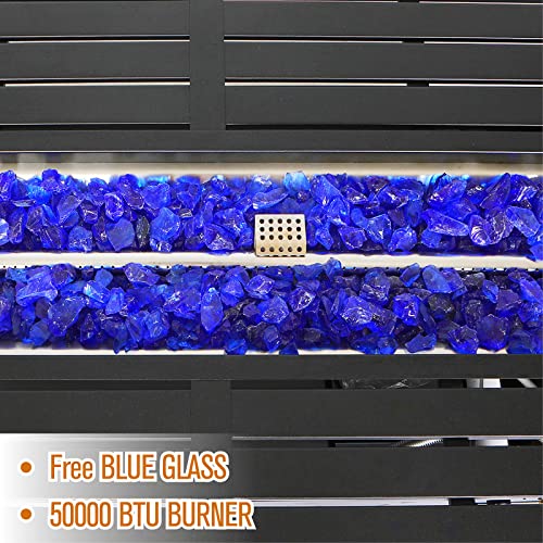 Mfstudio 45” Outdoor Rectangular Gas Fire Pit Table，50000 Btu Propane Iron Plate Embossing Fire Table With Lid And Blue Glass For Patio,Backyard And Balcony,Black #TOP3