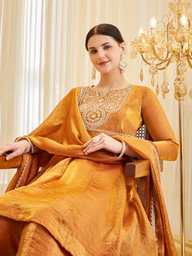 Image of MOKOSH Women's Silk Embroidered Anarkali Kurta and Sharara with Dupatta Set | Ethnic Set | Suit Set | Kurta Set