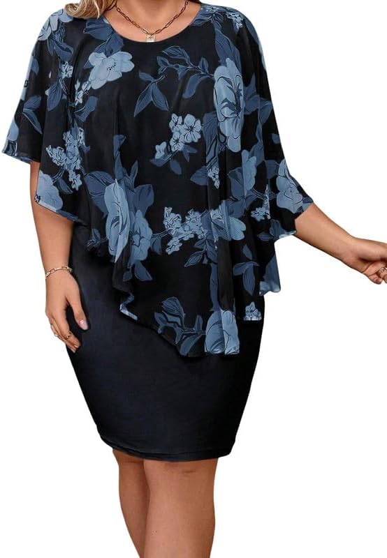 Women's Wedding Guest Dress Crew Neck Floral & Butterfly Print, Knee-Length Chiffon Poncho Pencil Dress for Spring 2026