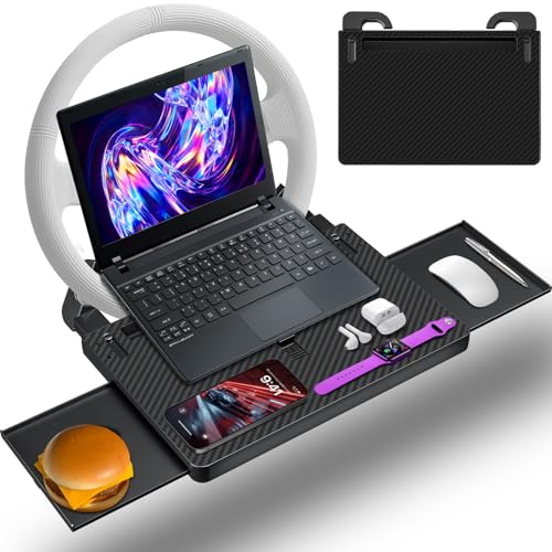 AUEOTUAR Steering Wheel Tray, Car Food Tray, Car Desk for Laptop, Carbon Fiber Look Multipurpose Car Table for Eating & Work, Adjustable Car Tray with Drawer and Anti-Slip Protective Adhesive
