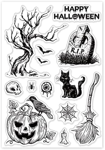 GLOBLELAND Halloween Clear Stamps Crow Broom Tombstone Pumpkin Silicone Clear Stamp Seals for Cards Making DIY Scrapbooking Photo Journal Album Decoration