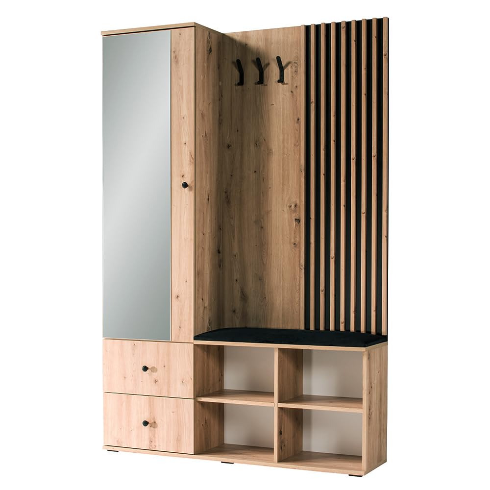 Lomadox Garderoben Set Flurgarderobe Kompaktgarderobe mit Garderobenschrank Spiegel Schuhregal Sitzkissen Eiche mit schwarz