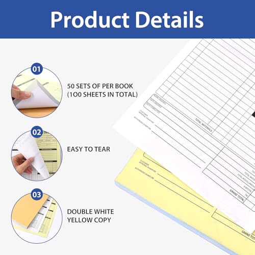 Carbonless Work Order Forms & 7.5 x 11 Inches Invoice Book, 50 Sets for Small Business, 2-Part Business Invoices with Carbon Copies, Sales Order Receipt Book