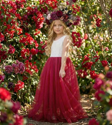 Image of 2Bunnies Girl Peony Lace Back A-Line Straight Tutu Tulle Party Flower Girl Dress