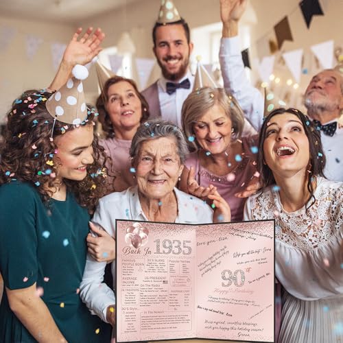Image of Vlipoeasn 90th Birthday Party Guest Book for Women, Creative 1935 Poster Sign in Book, Pink and Black Back in 1935 Signature Book, 90 Year Old Birthday Party Decorations Centerpieces Supplies