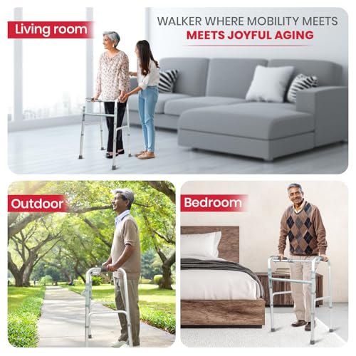 Image of AGEasy (Max Group) Walker for Senior Citizens | Adjustable Height Adult Walker for Patients | Lightweight & Sturdy Walking Stand for Old People | Foldable Walking Aid for Men & Women (Silver)