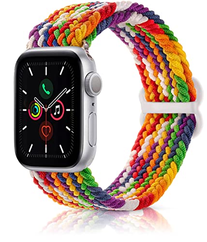 SunnyCloud Band Celebration Theme Braided Elastic Sport Compatible With Apple iWatch Series 8 7 6 5 4 3 2 1 SE Ultra Women Men (42/44 mm, Rainbow Peace)