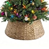 Sweetcrispy 24inch Christmas Tree Collar for 4-7ft Trees, Woven Hyacinth Rattan 4-Panel Collar w/Cord Access Hole & Easy Lock Design,Woven Natural