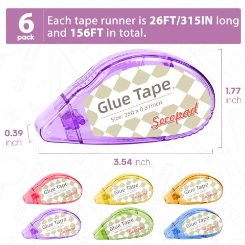 Image of Secopad Scrapbook Tape, 6 Pack Double Sided Tape Roller for Crafts, Adhesive Glue Runner Scrapbooking Supplies Journaling School Office Teacher Supplies, 0.3IN x 26FT, Clear Colored Shell