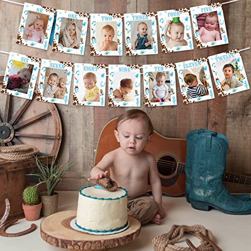 1st Birthday Monthly Photo Banner Cowboy First Rodeo Birthday Party Decorations Boy Blue Western Cowboy Monthly Photo Display My First Rodeo Newborn to 12 by Funmemoir - Image 3