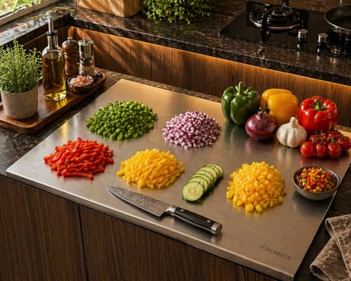 Image of HOMEZE 304 Stainless Steel Chopping Board 51 x 41 cm - Rust Proof, Non‑Slip & Heavy Duty Counter Top Cutting Board with Lip, Smooth Round Edge - for Cutting Vegetables, Fruits, Meat & Kneading Dough