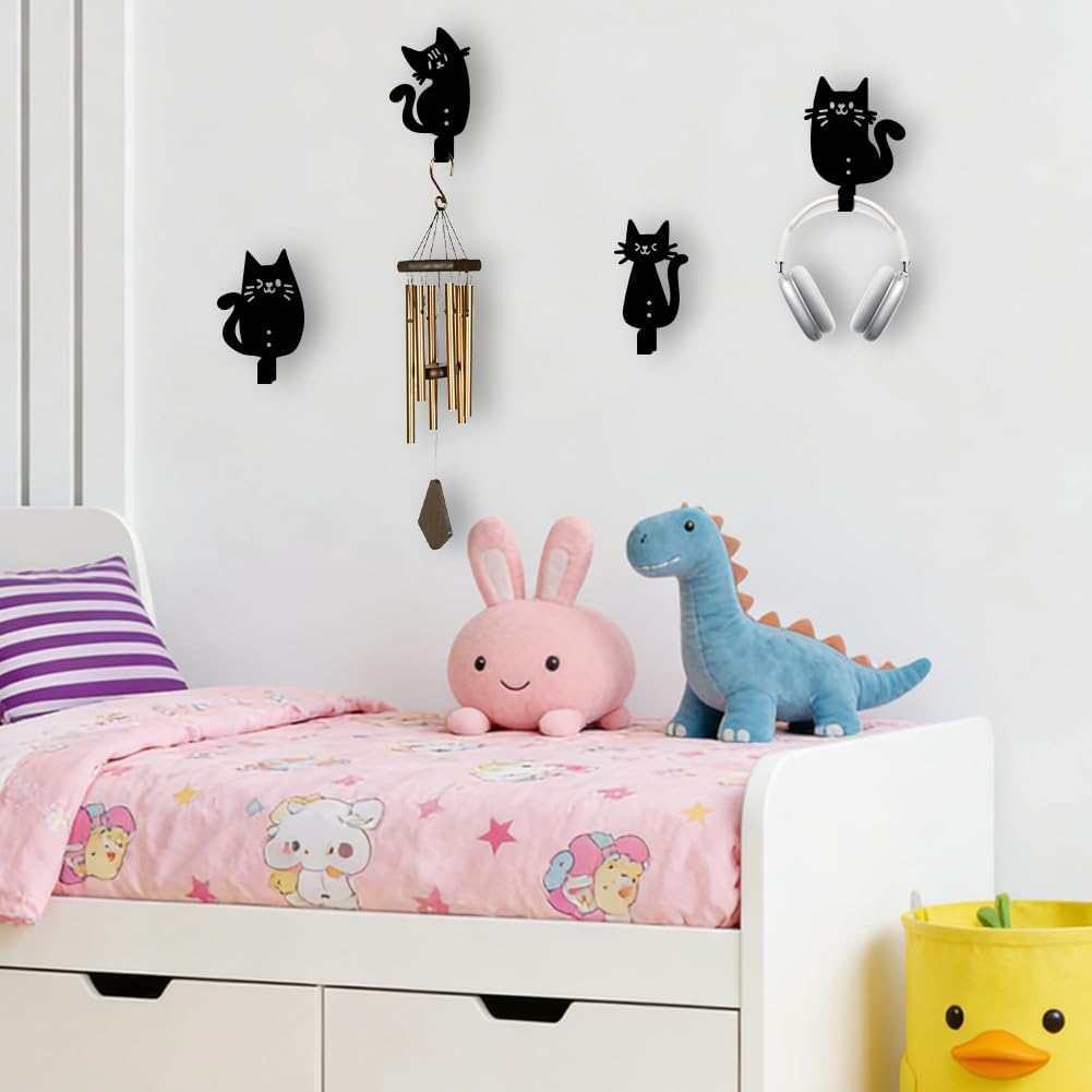 4Pcs 4 Styles Cast Iron Cat Wall Hooks Decorative Black Rack for Key, Metal Coat Hooks Wall Mounted Animal Shaped Cute Medal Hanger with Screws for Cloths Towels Bathroom Home Organization