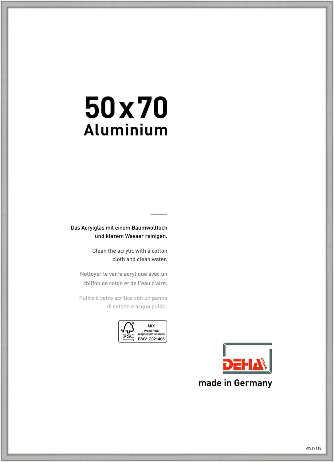 DEHA Design Boston Photo Frame 50x70cm, Aluminium Picture Frame, Silver Photo Frame with Protective Acrylic Glazing and Push and Turn Clips - Frosted Silver
