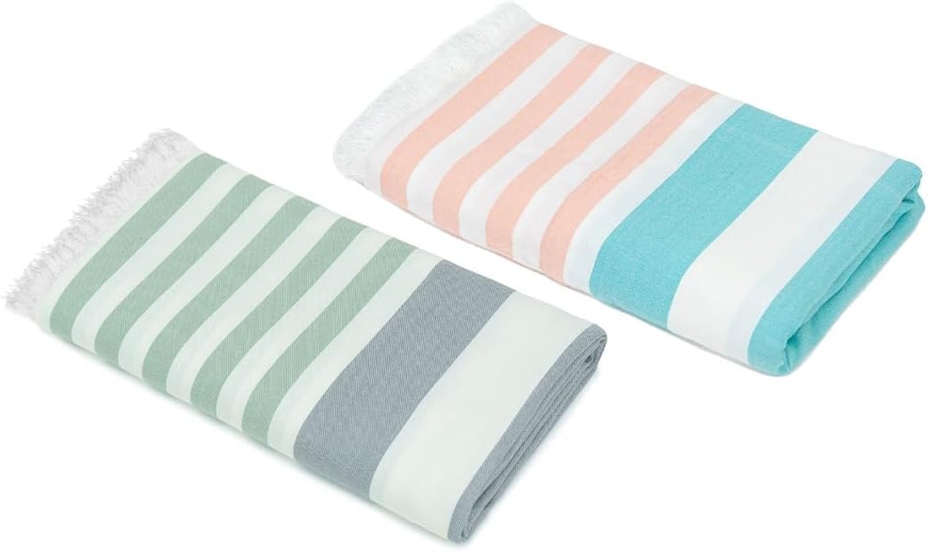 MUSH 100% Rayon from Bamboo Cabana Style Beach Towels: Light Weight, Ultra Soft, Super Absorbent, Quick Dry Bath Towel || 35 X 63 Inches (Extra Large, Lt. Green Grey & Aqua Peach)