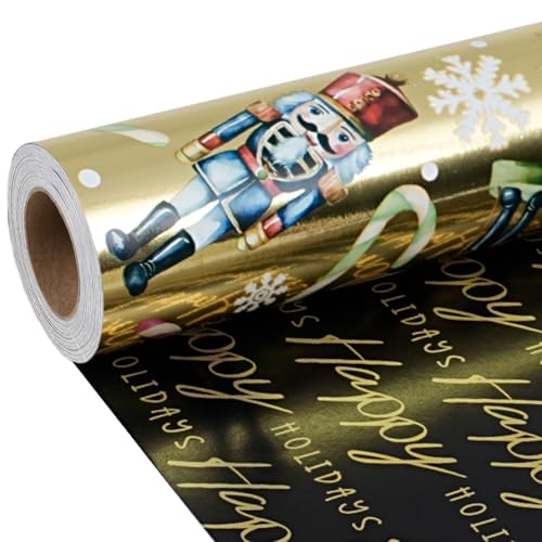 BIOBROWN Reversible Christmas Wrapping Paper Roll, Nutcracker on Gold Foil