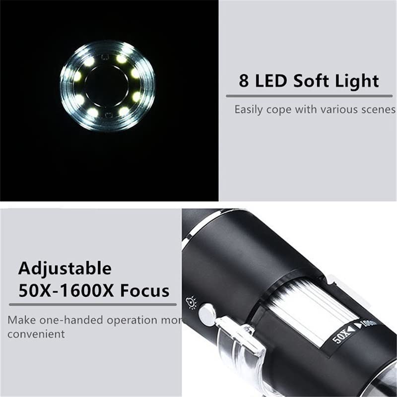 Microscope 1600X 1000X 500X USB Digital Microscope Zoom Magnifier Camera with Metal Stand 8 LED(1000X)