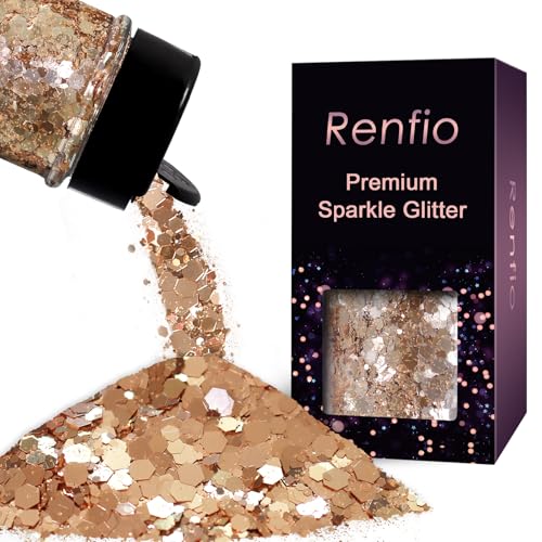 Renfio Gold Chunky Glitter,1.76oz/50g Luxury Gold Glitter for Snowglobe Tumbler,PET Flake Mixed Fine Powder for Snowglobe Tumbler,Craft,Resin,Festival Decor,Nail,Slime,Christmas