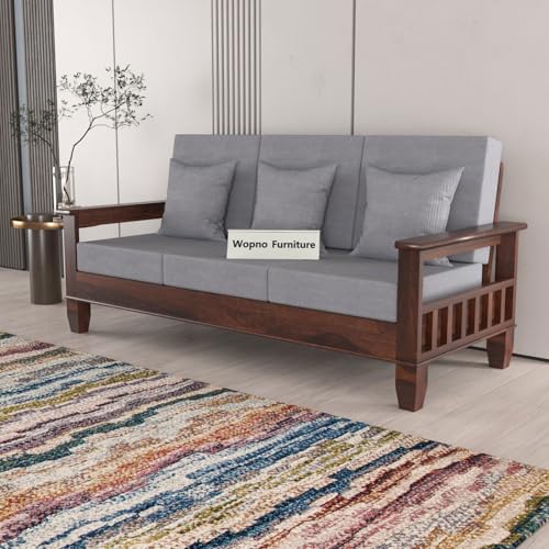 Image of Sheesham Wooden 3 Seater Sofa for Living Room | Rosewood Cushion Sofa with Side Newspaper Holder for Home & Office | Solid Wood Sofa Set for Lounge (Walnut, 3 Seater)