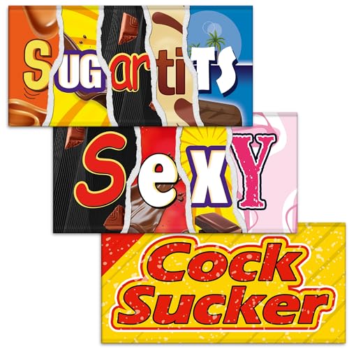 Sugar Tits + Sexy + Cock Sucker. Mixed Triple Pack - 3x Funny Chocolate Bar Wrappers. Choc Bar Covers Rude Joke Prank Insult Gift Fun Friend Present. Pack of 3. (Chocolate Not Included)