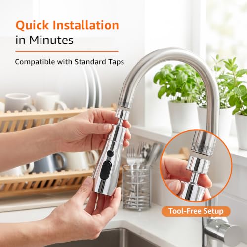 Image of Amazon Basics Tap Extender | ABS Plastic Faucet Attachment with 3 Flow Modes | 720 Degree Rotation | for Hard-to-Reach Sink Areas [Chrome]