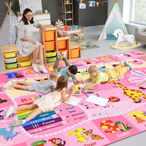 B BENRON Kids Rugs for Playroom Bedroom Classroom Nursery, Non-Slip and Washable Rugs for Children Toddlers Girls, Educational and Fun Rug Carpets with ABC Alphabet Animals Shapes, 7x10, Pink