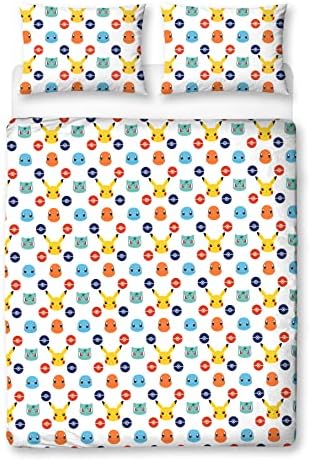 Pokemon Officially Licensed Double Duvet Cover Set | Pikachu Badges Design Reversible 2 Sided Bedding with Matching Pillowcases | Character World Brands Double Bed Set