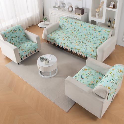 Image of HOKIPO Printed Holland Velvet Sofa Cover 5 Seater Set - 3+1+1 Sofa Cover with Tassel | Full Protection for Sofa Seat and Back | 'Whispers of Nature' | Mint Birdsong Blossom (IN-1127+1125-D3*2)