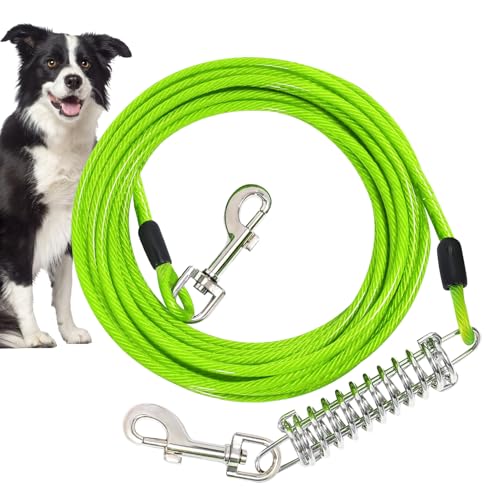 Cavo Resistente per Cani, guinzaglio per cani a prova di masticare 6m con perno di ancoraggio con molla ammortizzante, guinzaglio per cani lunghi per recinzioni esterne, uscite di caccia (verde erba)
